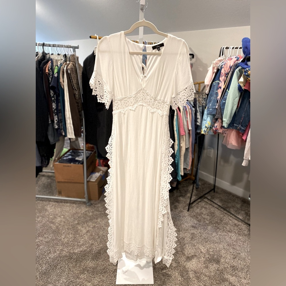 Lulus Sweeten the Occasion White Lace Short Sleeve Maxi Boho Dress *flawed*
